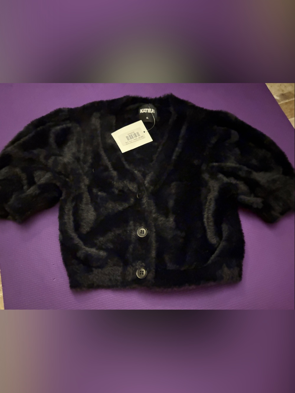 Katie J NYC Mara Puff Sleeve Black Faux Fur Button-Front Kids Cardigan